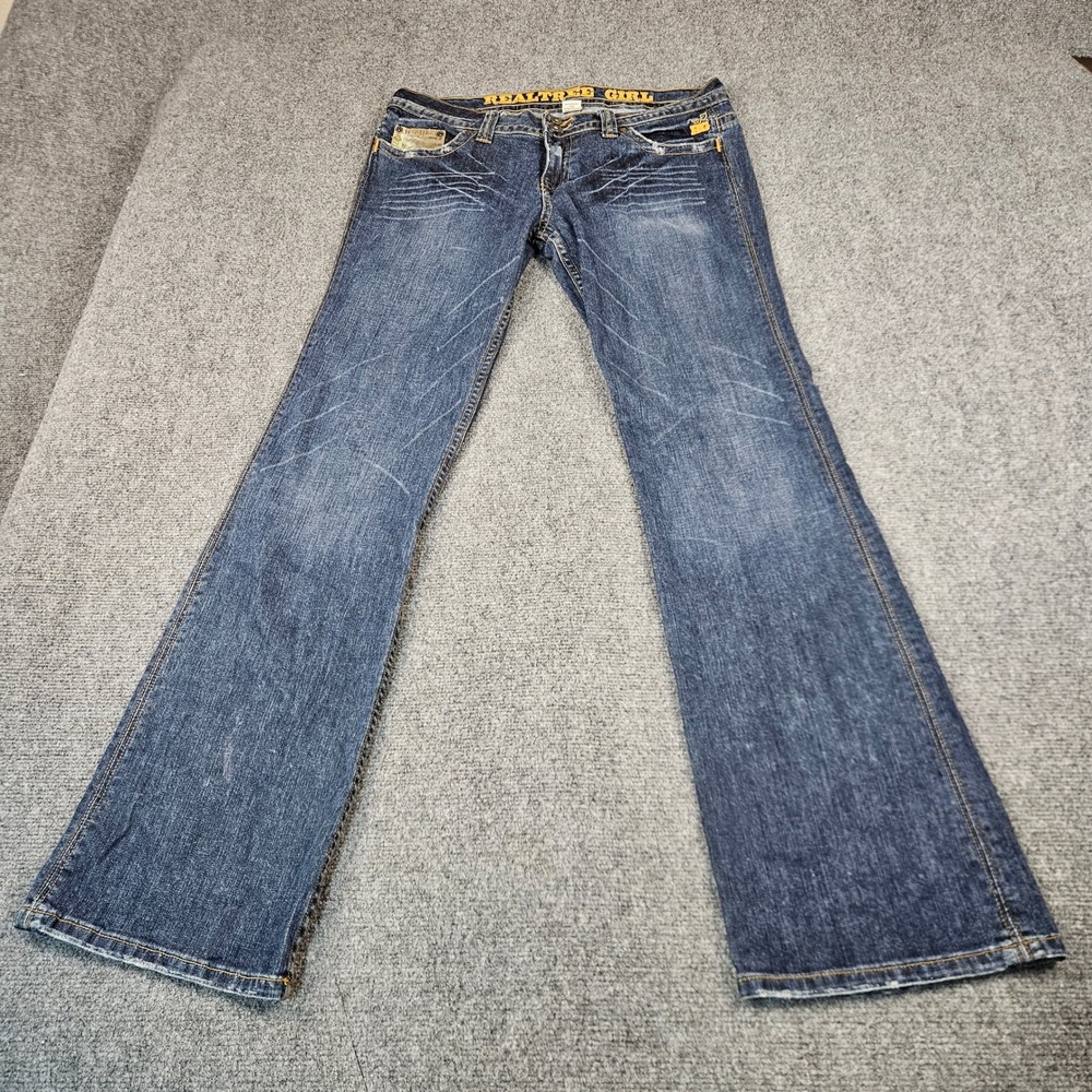 Realtree Girl Womens Bootcut Jeans Size 14 Dark Wash Camo Logo Low Rise Stretch